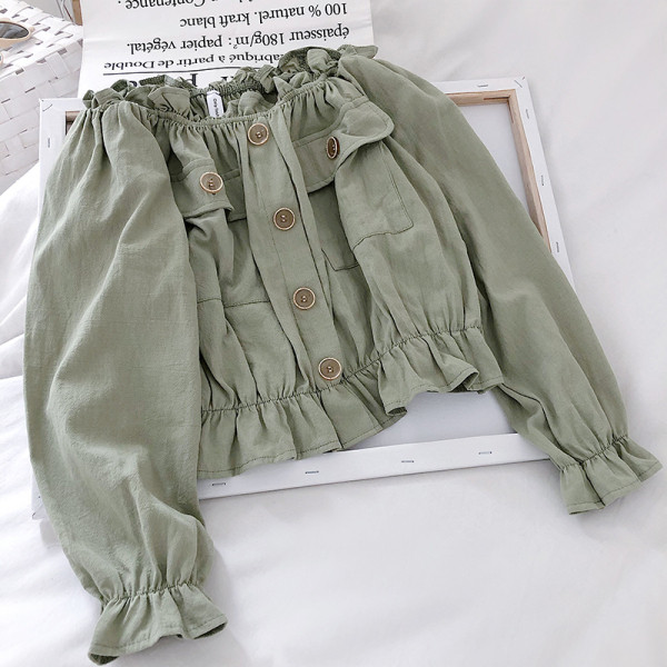 Ikdienas sieviešu krekls ar pufīgām piedurknēm un kabatām