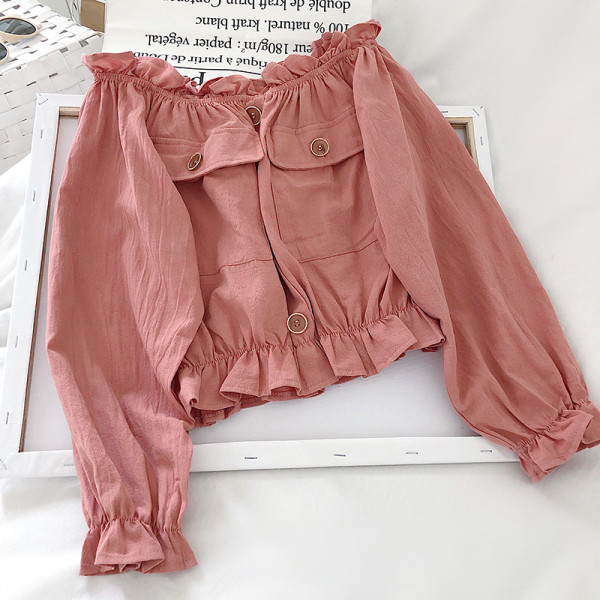 Ikdienas sieviešu krekls ar pufīgām piedurknēm un kabatām