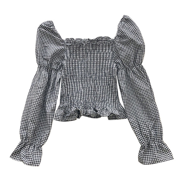 Rūtaina sieviešu blūze ar kvadrātveida kakla izgriezumu