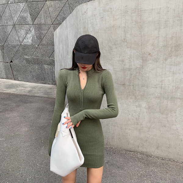 Casual γυναικείο φόρεμα  με φερμουάρ και μακριά μανίκια