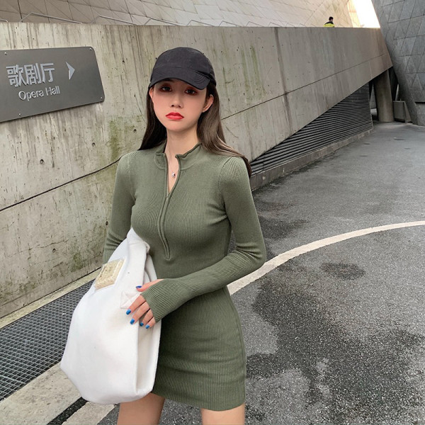 Casual γυναικείο φόρεμα  με φερμουάρ και μακριά μανίκια