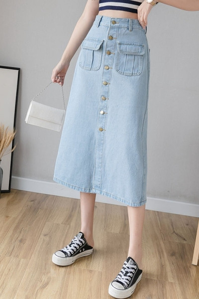 Καθημερινά μακρύ τζιν γυναικεία με υψηλή μέση και κουμπιά