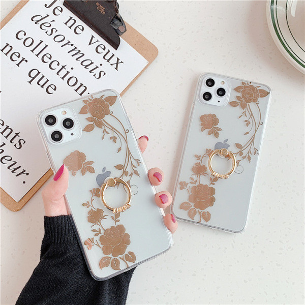 Διαφανή θήκη με χρυσά λουλούδια και μεταλλικό δακτύλιο για το iPhone 11 Pro Max
