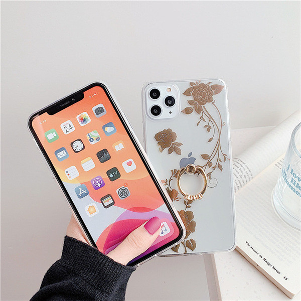 Διαφανή θήκη με χρυσά λουλούδια και μεταλλικό δακτύλιο για το iPhone 11 Pro Max