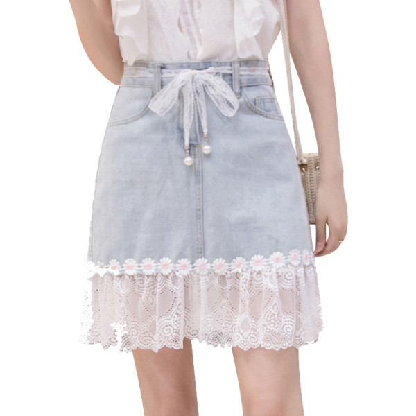 Νέο μοντέλο γυναικεία φούστα denim με δαντέλα και floral σχέδιο
