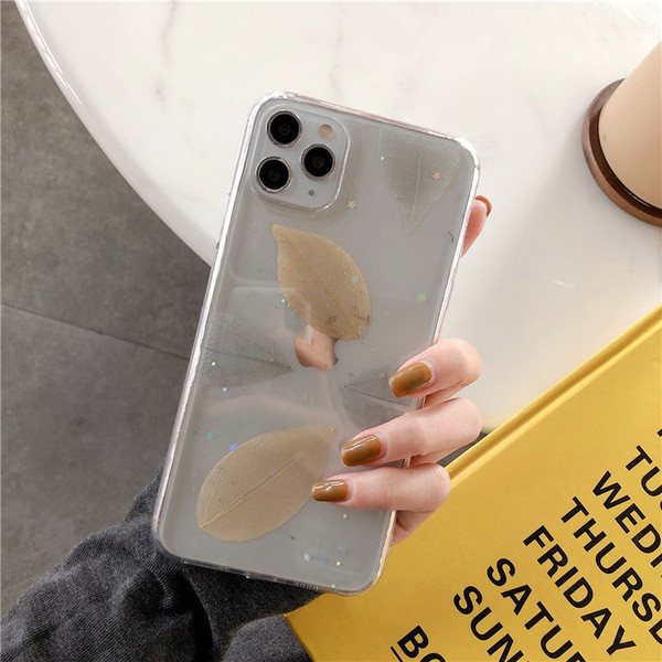 Átlátszó tok levelekkel és fényes részecskékkel iPhone 11 Pro Max készülékhez