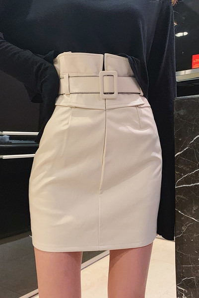 Γυναικεία έκο δερμάτινη φούστα με υψηλή μέση και ζώνη