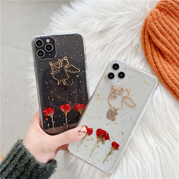 Caurspīdīgs korpuss ar eņģeli un spīdīgām zelta daļiņām iPhone 11 Pro Max