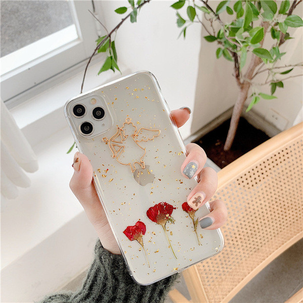 Caurspīdīgs korpuss ar eņģeli un spīdīgām zelta daļiņām iPhone 11 Pro Max