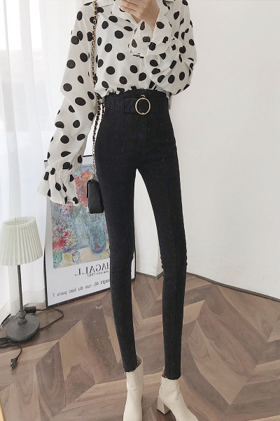 Ikdienas sieviešu džinsi Slaids modelis ar augstu vidukli un jostu