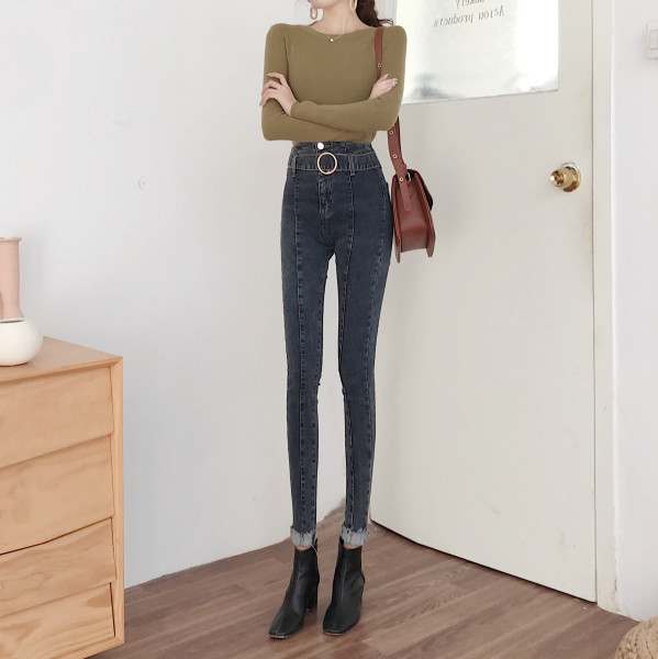 Ikdienas sieviešu džinsi Slaids modelis ar augstu vidukli un jostu