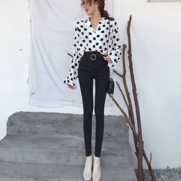 Ikdienas sieviešu džinsi Slaids modelis ar augstu vidukli un jostu