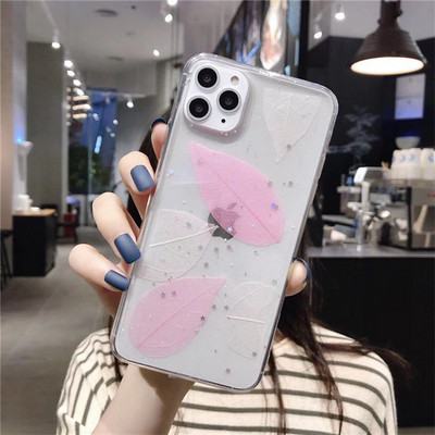 Husa transparenta cu frunze si particule stralucitoare pentru iPhone 11 Pro Max