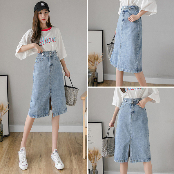 Jauna modeļa sieviešu džinsa svārki ar augstu vidukli un šķēlumu