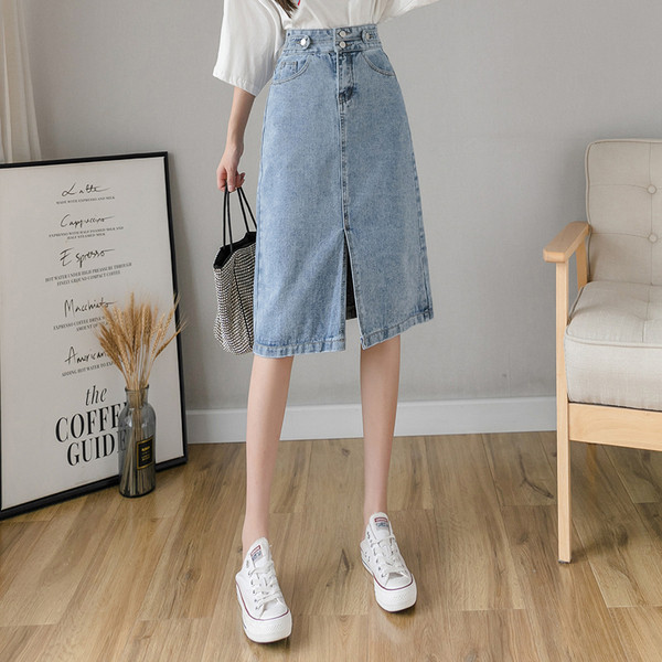 Jauna modeļa sieviešu džinsa svārki ar augstu vidukli un šķēlumu