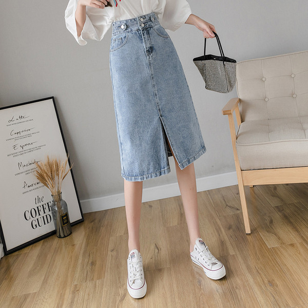 Jauna modeļa sieviešu džinsa svārki ar augstu vidukli un šķēlumu