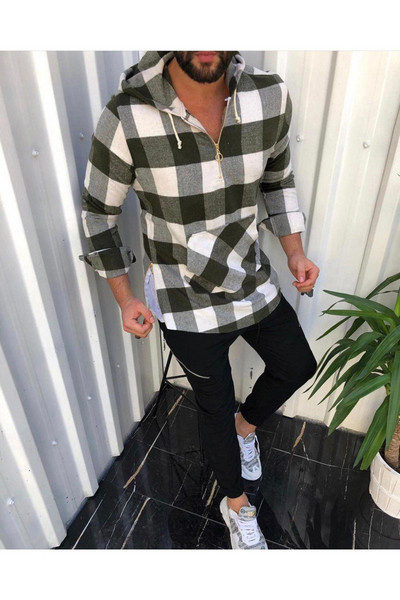 Αδιάβροχο ανδρικό καρό φούτερ με φερμουάρ και τσέπες