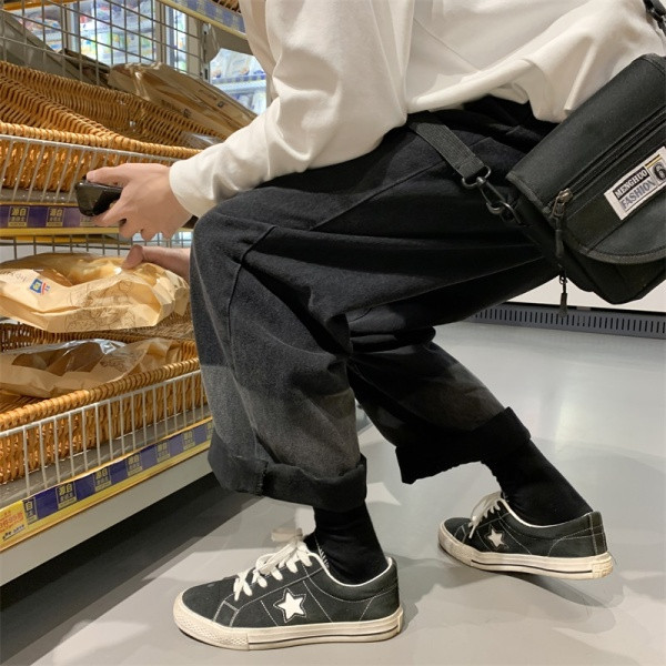 Vīriešu plati ikdienas džinsi ar augstu vidukli