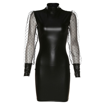 Ādas sieviešu kleitas modelis ar augstu apkakli un caurspīdīgām piedurknēm