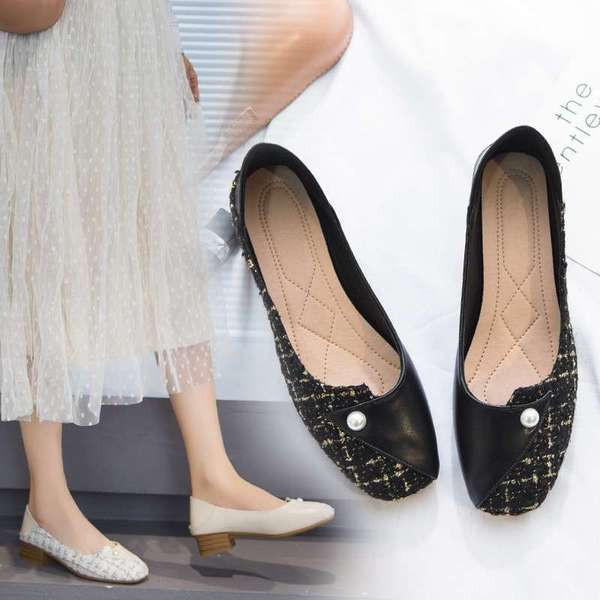 Rūtaini sieviešu mokasīni ar biezu papēdi un pērli