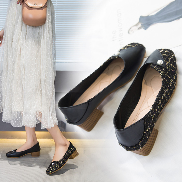 Rūtaini sieviešu mokasīni ar biezu papēdi un pērli