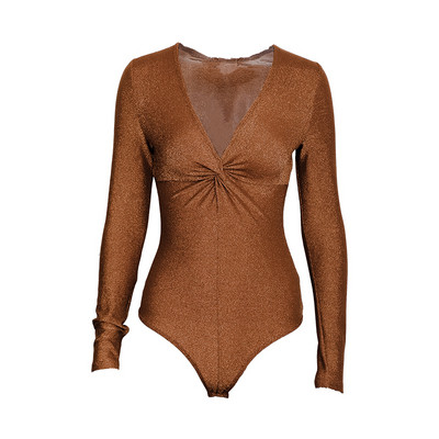 Aktuāls sievietes bodijs ar V veida izgriezumu, garām piedurknēm un spīdīgu efektu