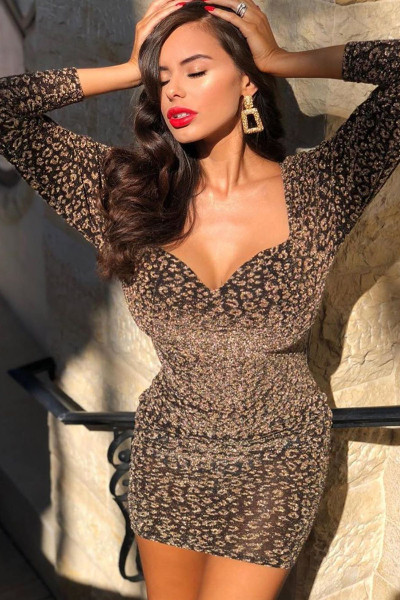 Rochie scurta de dama cu maneci lungi si model leopard