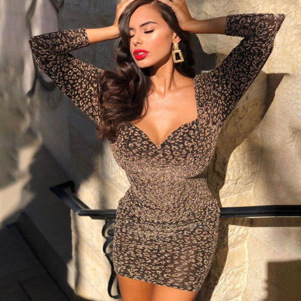 Rochie scurta de dama cu maneci lungi si model leopard