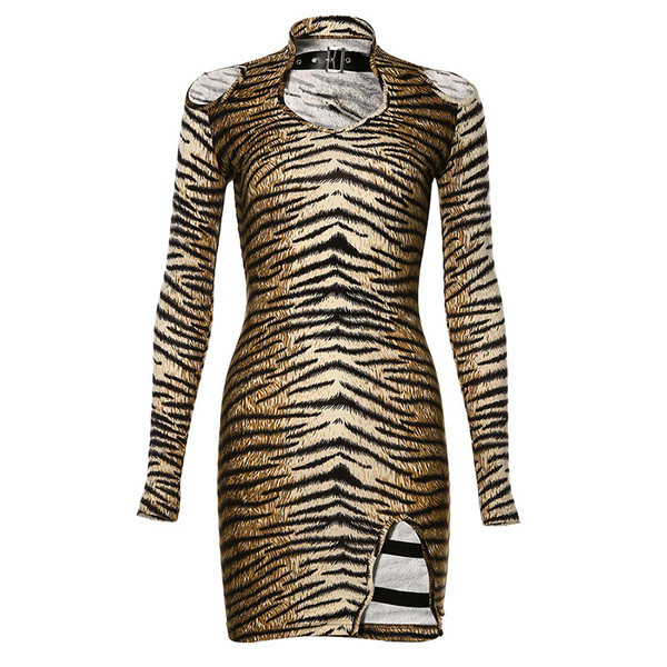 Tīģera sieviešu kleitas modelis ar garām piedurknēm un izgriezumiem