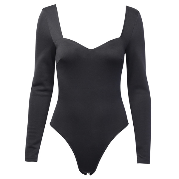 Lezser fekete női body hosszú ujjal és szögletes nyakkivágással