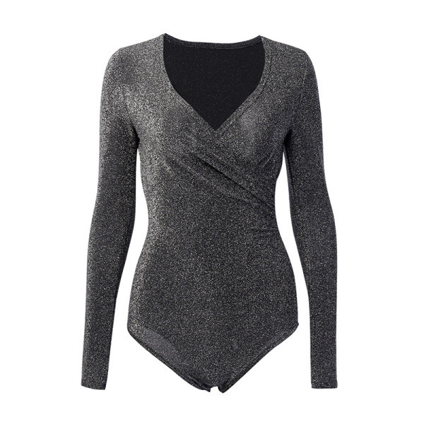 Blizgantis moteriškas kūnas su V formos iškirpte ir ilgomis rankovėmis