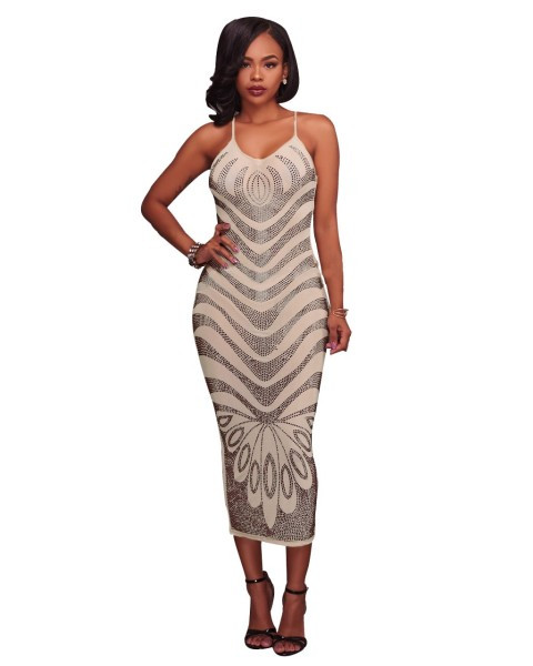 Moodne naiste pikk kleit õhukeste rihmade ja kivikestega