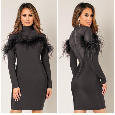 Μοντέρνο γυναικείο φόρεμα με πέρλες και φτερά σε μαύρο χρώμα