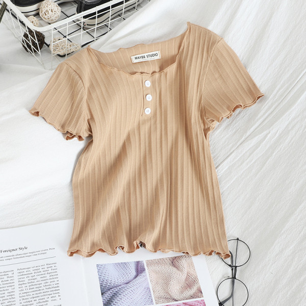 Γυναικείο casual T-shirt με στρογγυλό ντεκολτέ και κουμπιά