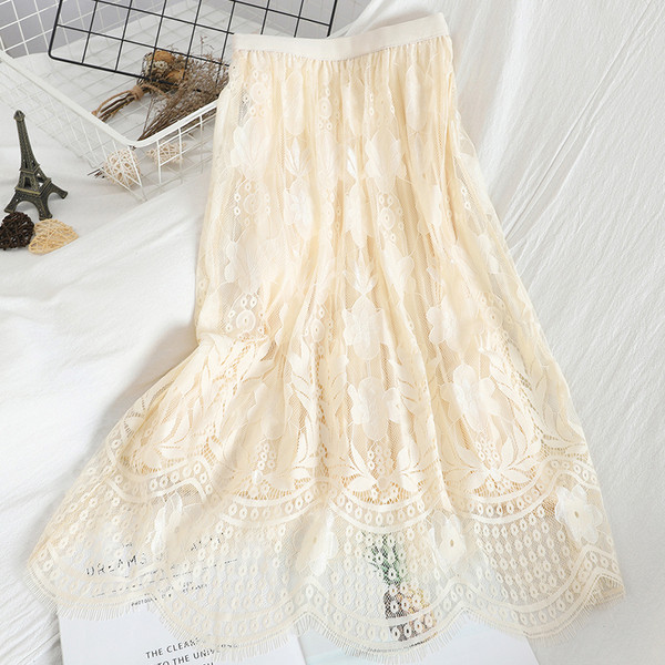 Modern női szoknya csipkével és gumírozott derékkal