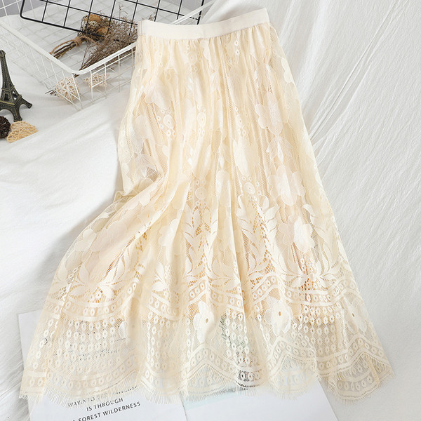 Modern női szoknya csipkével és gumírozott derékkal