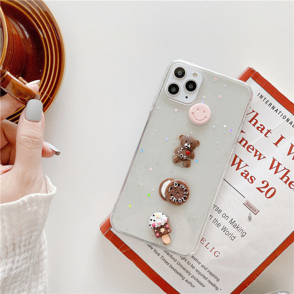 Caurspīdīgs silikona maciņš ar 3D elementiem un spīdīgām daļiņām iPhone 11 Pro Max