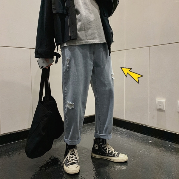 Мъжки широк дънков панталон със скъсани мотиви