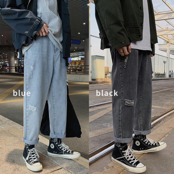 Мъжки широк дънков панталон със скъсани мотиви