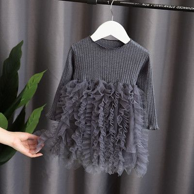 Παιδικό φόρεμα με ωοειδές λαιμόκοψη, μακρύ μανίκι και τυλί