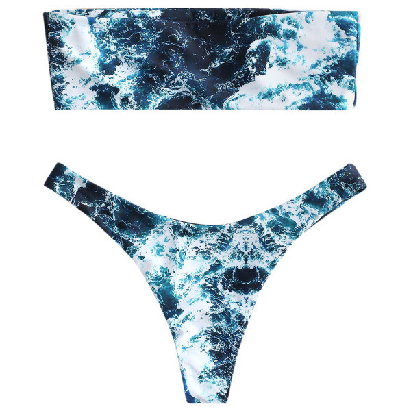 Moodne marmorefektiga ujumistrikoo ja paelaga ülaosa