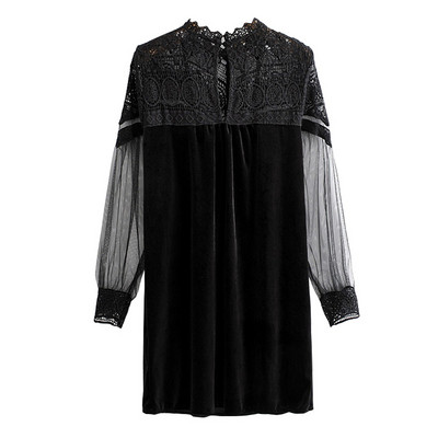 Νέο μοντέλο μακρύ ίσιο βελούδινο φόρεμα με τούλι και δαντέλα