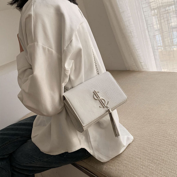 Stilingas moteriškas krepšys su metaliniu elementu ir ilga grandinėle