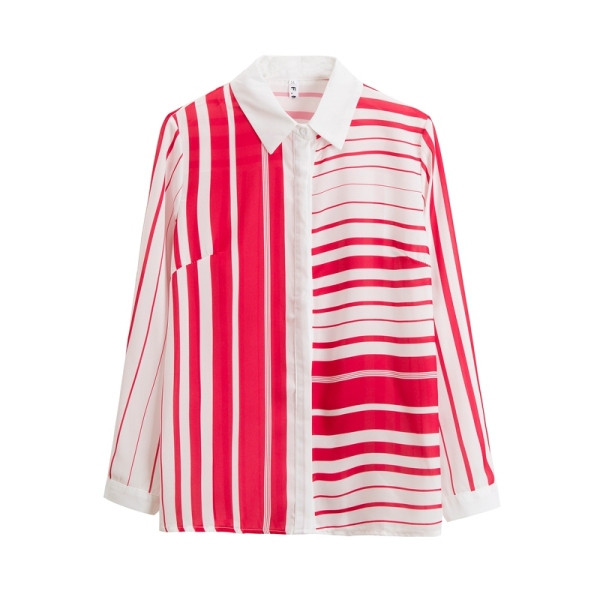 Modernūs dryžuoti moteriški marškiniai su klasikine apykakle ir ilgomis rankovėmis