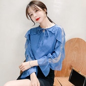 Σύγχρονη γυναικεία μπλούζα με κορδόνια και  στρογγυλό ντεκολτέ