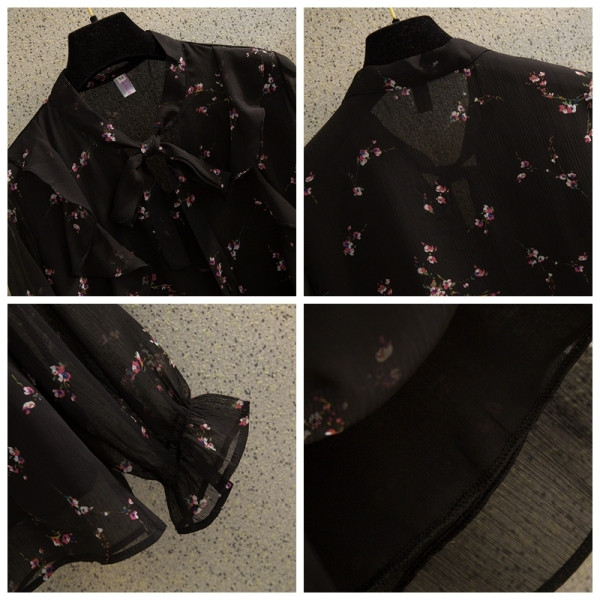 Įprasti moteriški marškiniai su gėlių motyvais ir lotoso rankovėmis