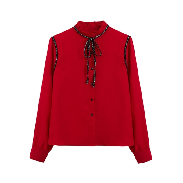 Νέο μοντέλο γυναικείο πουκάμισο με χαμηλό κολάρο, κορδόνια και κουμπιά - σιφόν