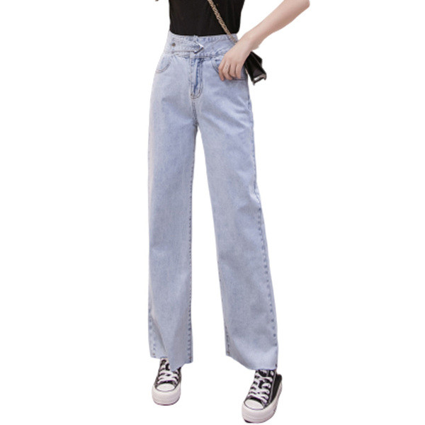 Modernūs moteriški džinsai aukštu juosmeniu ir mėlynos spalvos kišenėmis