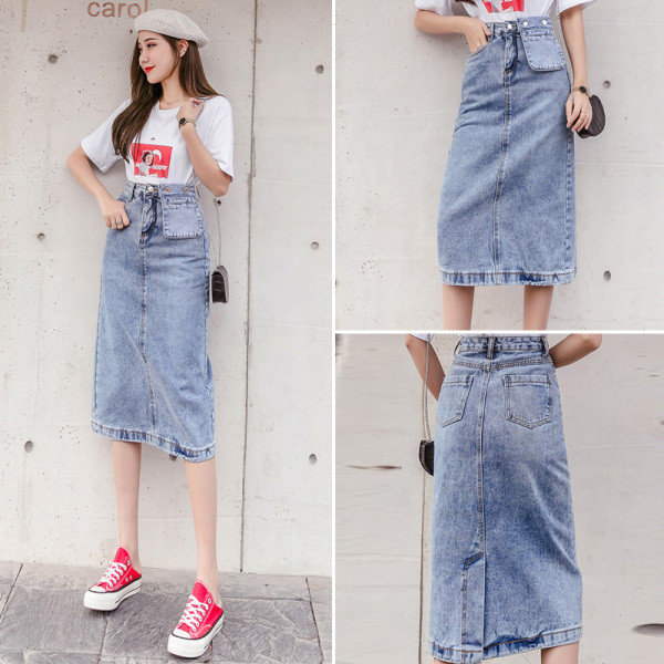 Modern női szoknya magas derékkal, hasítékkal és zsebekkel