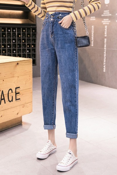 Ikdienas sieviešu džinsi ar augstu vidukli un metāla elementiem